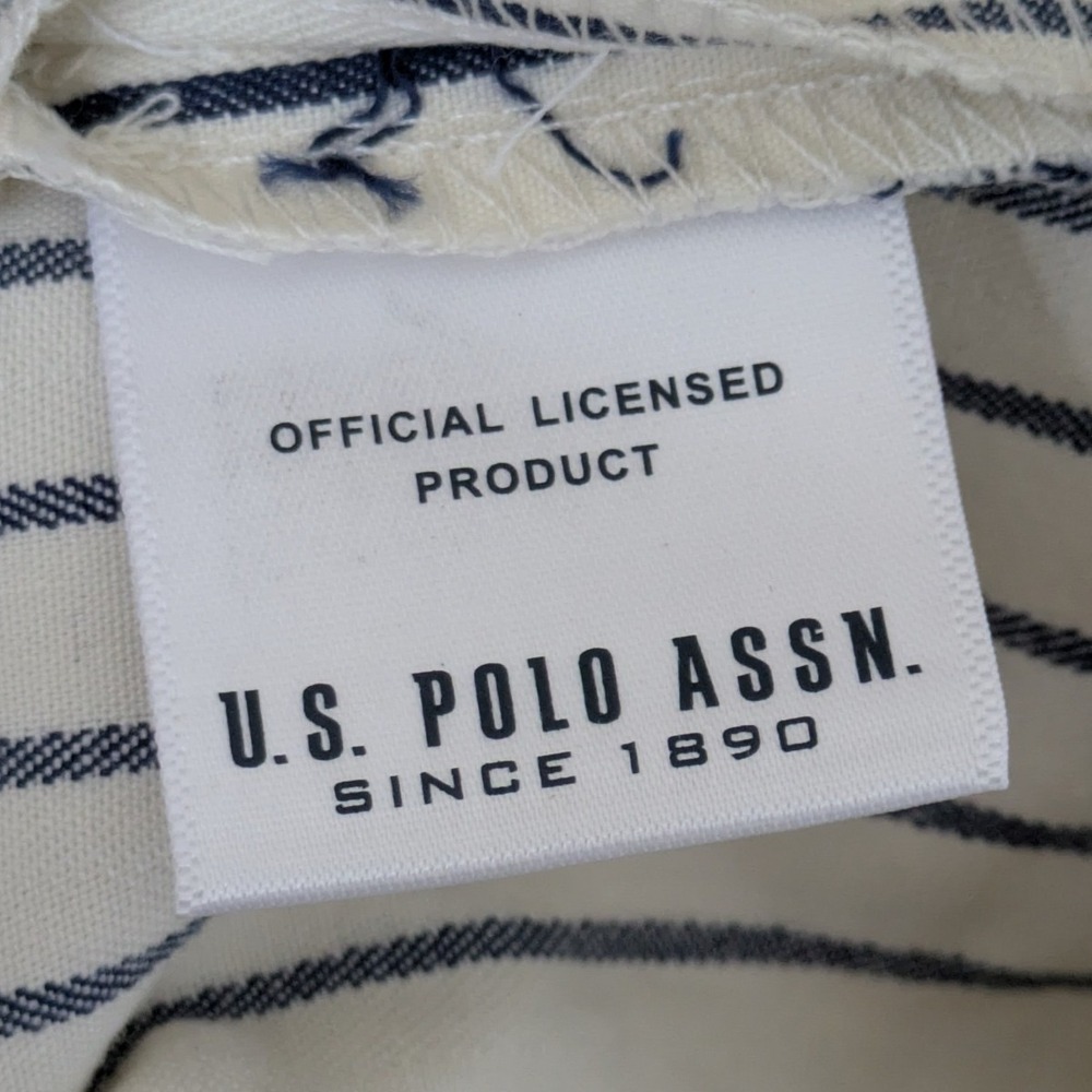 US Polo Assn Pinstripe Overall Dress Women XL Cream Navy Blue Classic Pinafore - Picture 8 of 9
